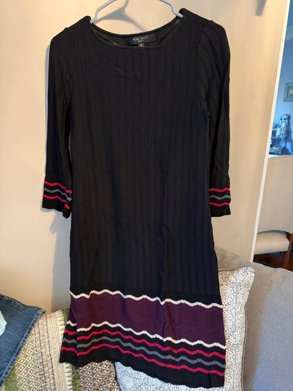 Nine West Black Knit 3/4  Sleeve Dress with Purple and Pink Accents